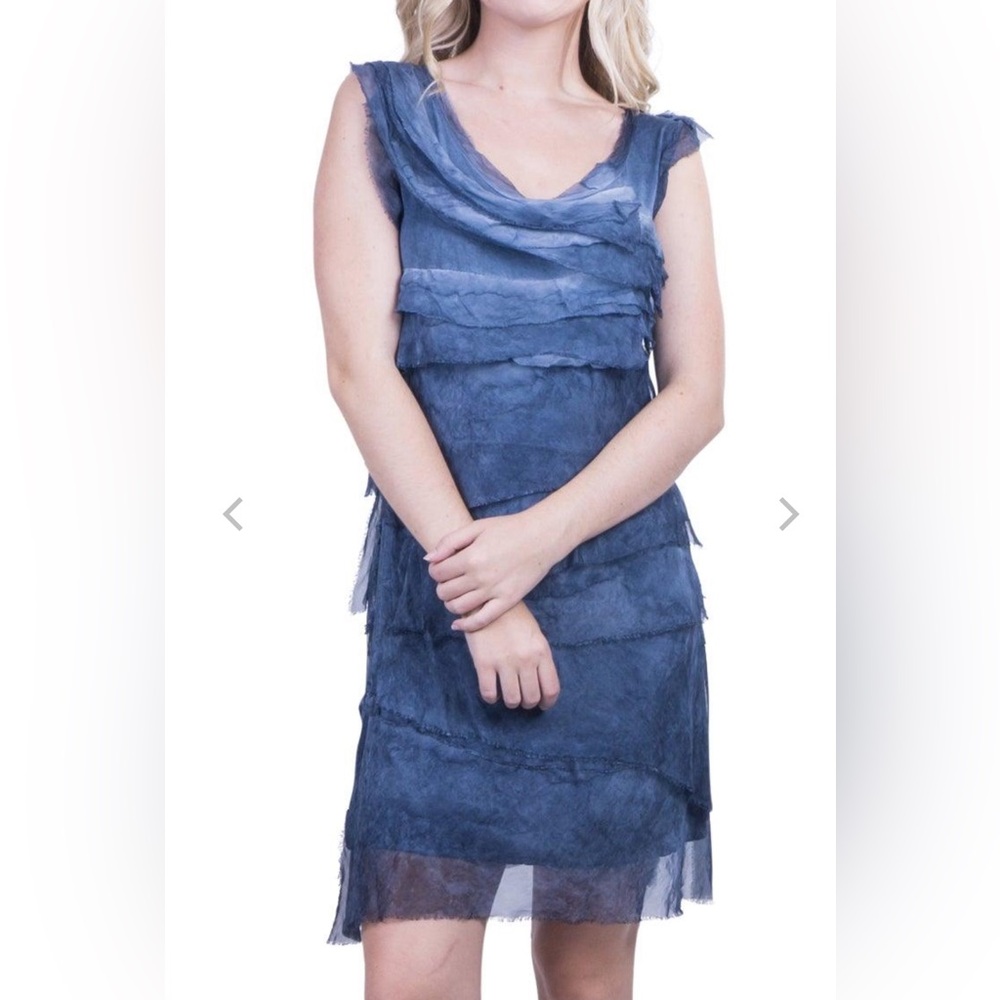 Ruffled silk sleeveless tank dress; washed denim; size M